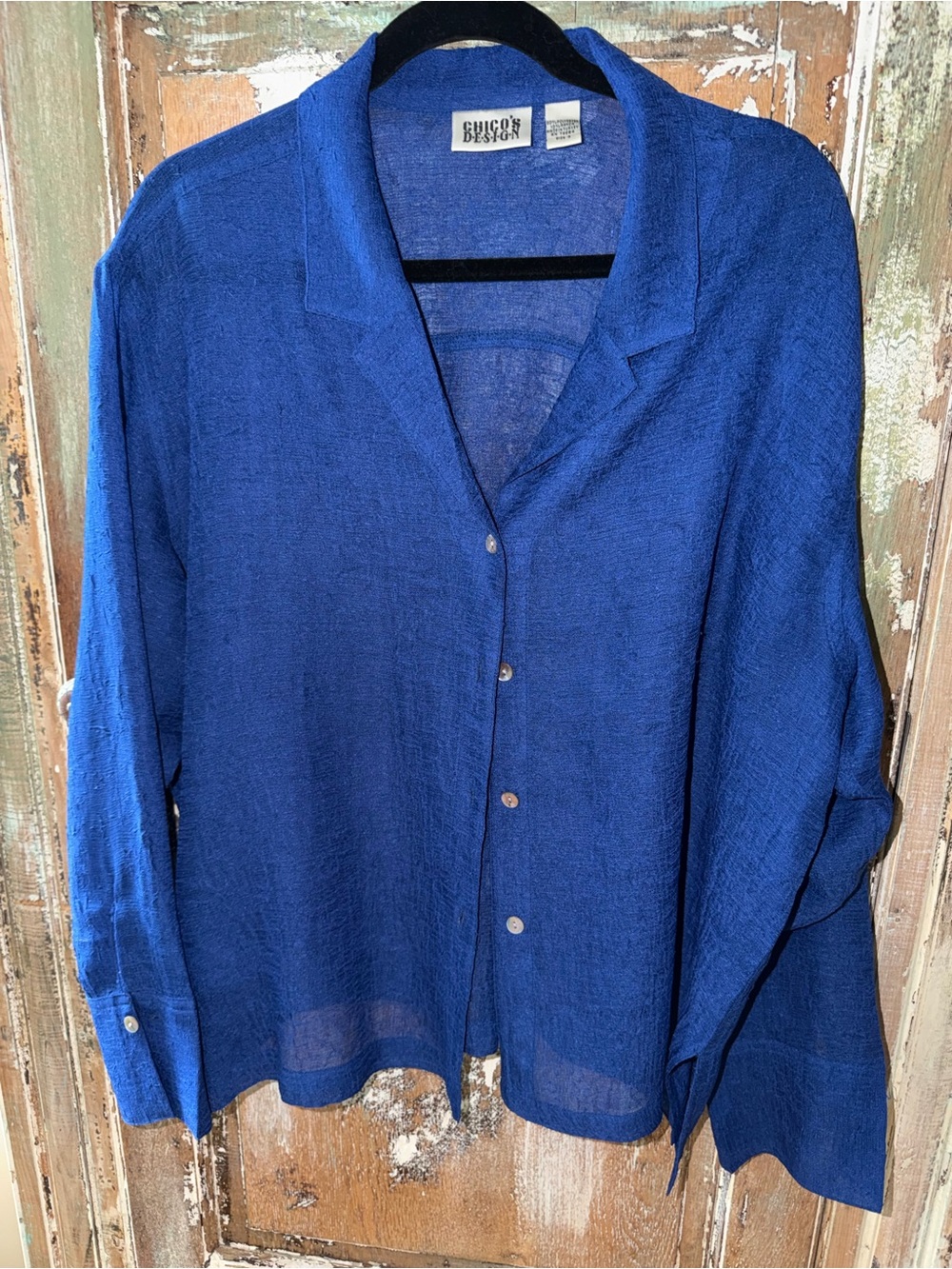 Chico’s Design Size 3 Blue Button Front Shirt Blouse Sheer Textured